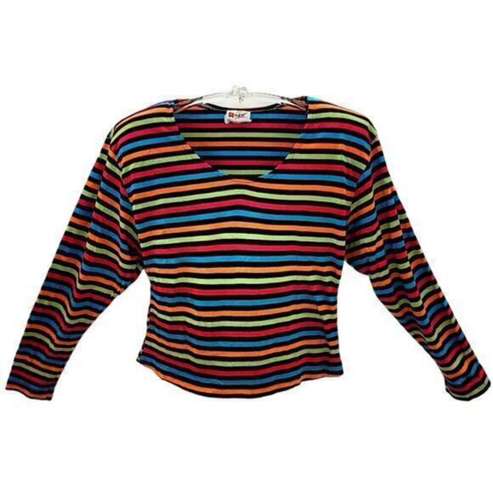 Rocket 80s Vintage Multi Bright Color Stripe Long Sleeve Stretchy T Shirt Blouse